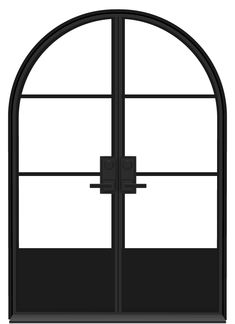 a black and white image of an arched window with bars on each side, viewed from the outside