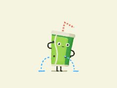 a green drink with eyes, arms and legs is standing in front of a white background