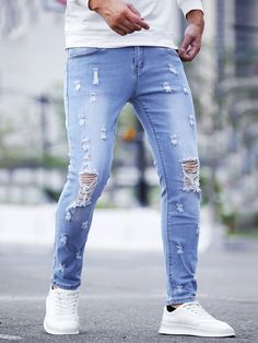 Lavagem Clara  Collar  Jeans Simples Skinny Embellished Elasticidade Média  Denim Masculino Clothes Outfit, Mens Denim, Adidas, Pants, Quick Saves, Clothes, Trousers