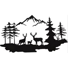 a metal wall art depicting deer in the woods with mountains and pine trees behind it