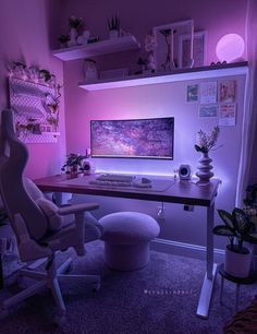 Gaming Setup Bedroom, Gamer Bedroom, Girl Cave, Gamer Setup, Gamer Room Decor, Night Mode, Purple Rooms