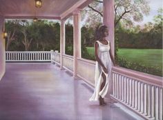 a painting of a woman standing on a porch