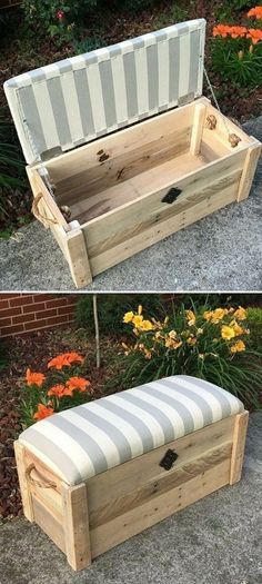 a bench made out of an old wooden box