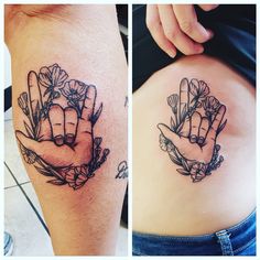 two pictures of hands with flowers on them and one showing the same hand tattoo design