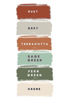 the names of different colors and font on a white background, including green, grey, terracotta, sagen, fern, creme