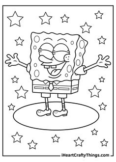 spongebob coloring page with stars on the ground and one hand up in the air