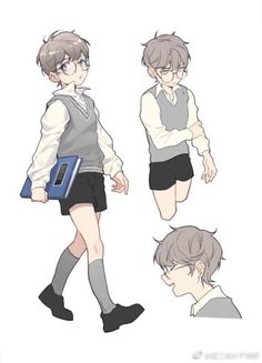 some anime character with different poses and hair, one in shorts and the other in school uniform