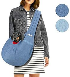 a woman holding a dog in a sling bag with three circles around her to show the back