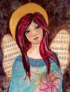 a painting of an angel with red hair wearing a blue shirt and yellow hat, standing in front of sheet music