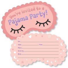 a pink party card with eyelashes on it and the words you're invited to a pajama party