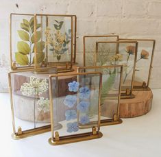 four frames with flowers in them sitting on a table