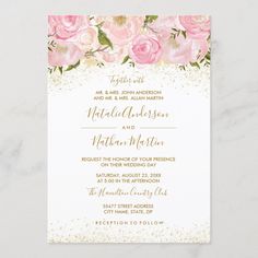 pink roses and gold glitter birthday party card