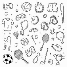 a black and white drawing of various sports items