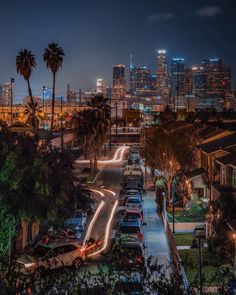 the city skyline is lit up at night, with cars parked on the street and palm trees in the foreground