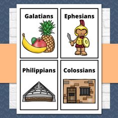 four cards with pictures of different things in the same language, including bananas, pineapples, and an eggplant