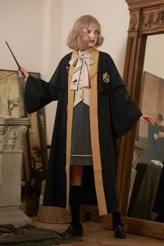 Harry Potter Hufflepuff Black and Yellow Cloak / Shirt / Waistcoat / Pleated Skirt Hufflepuff Uniform, Hufflepuff Outfit, Harry Potter Robes, Cloak Coat, Wizard School, Harry Potter Hufflepuff, Harry Potter Costume, Harry Potter Outfits, Cape Style