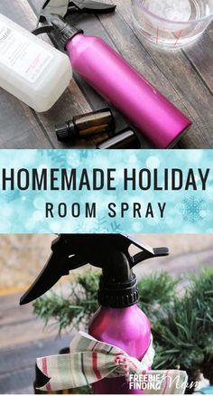 the homemade holiday room spray is sitting on a table