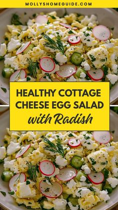 healthy cottage cheese egg salad with radish and cucumbers on a white plate