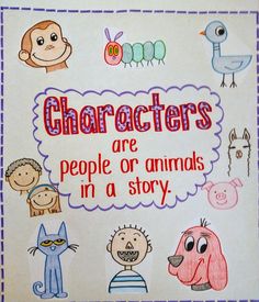 children's hand drawn poster with characters and words on white paper in front of purple background