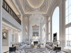 a large living room with high ceilings and chandelier