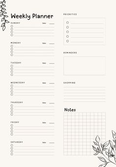 the printable weekly planner is shown in black and white, with leaves on it