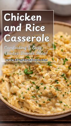 chicken and rice casserole in a bowl with parsley on the side, ready to be eaten