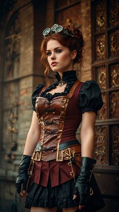 Dans l'effervescence de la cité steampunk, au milieu des immeubles majestueux ornés de détails en laiton et des machines à vapeur, une femme se tient en majesté. Parée d'une tenue emblématique du style steampunk, elle rayonne d'une fusion envoûtante entre l Diy Steampunk Costume Women, Steampunk Aesthetic Outfit, Steampunk Aesthetic