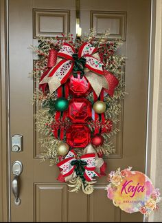 a christmas wreath hanging on the front door