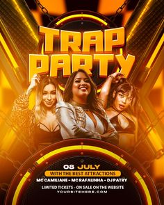 a flyer for a party with three women on the dance floor and text that reads trap party