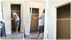 three pictures of a man standing in front of an open closet and opening the door