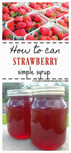 two jars filled with strawberries sitting next to each other on top of a table