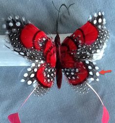 a red and black butterfly with white dots on it's wings