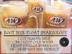 root beer float shakers with text overlay reading root beer float shakelogy 1 cup almond milk 3 cup cold water