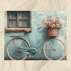 a painting of a bicycle with flowers in the basket next to a window and wall