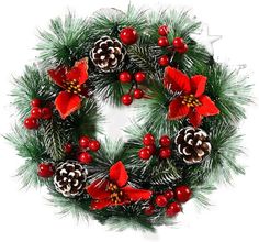 a christmas wreath with pine cones and poinsettis on white background stock photo