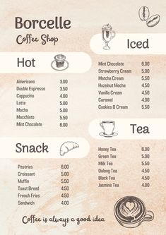 the menu for coffee shop is shown with different types of drinks and their price tags