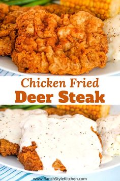 chicken fried deer steak is served with gravy and mashed potatoes