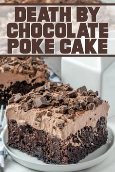 a piece of chocolate poke cake on a plate