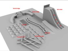 a skateboard park with ramps and ramps labeled in red