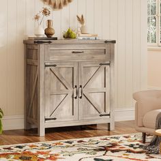 a wooden cabinet sitting on top of a hard wood floor