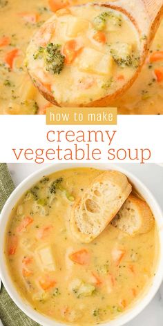 creamy vegetable soup in a white bowl with a wooden spoon and text overlay that reads how to make creamy vegetable soup