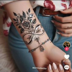 a woman's arm with a tattoo on it and an image of a rose