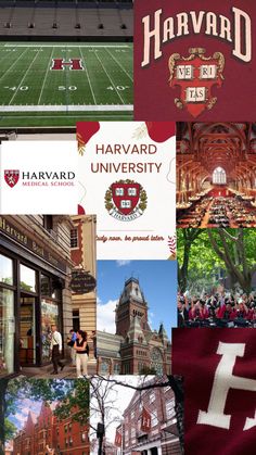 the harvard logo is shown in several different pictures, including football field and other things