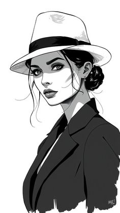 a black and white drawing of a woman wearing a hat