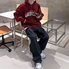 Killua Fits, Red Hoodie Outfit, Red Shirt Outfits, Mens Fall Outfits, Street Fashion Men Streetwear, Fall Outfits Men