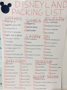 the disneyland land packing list is posted on a piece of paper with mickey mouse's ears