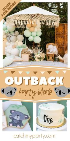 an outdoor party with koalas and balloons in the background, including a cake