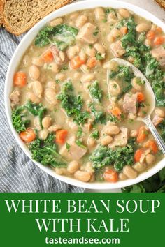 white bean soup with kale and carrots in a bowl