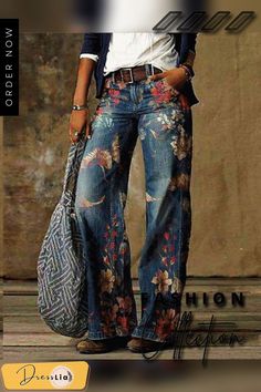 Blue Floral Casual Print Pants Jeans Petite, Retro Pants, Looks Country, Shop Jeans, Jeans Collection, Jeans Wide, Long Jeans, Moda Vintage, Floral Pants