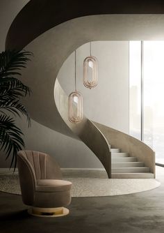 an elegant staircase in the middle of a living room with a chair and potted plant